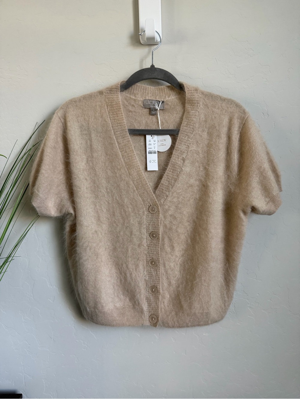 J. Crew Short-Sleeve Fuzzy Button-Up Cardigan in Beige